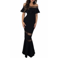 Black Lace Applique Flounce Off Shoulder Party Gown